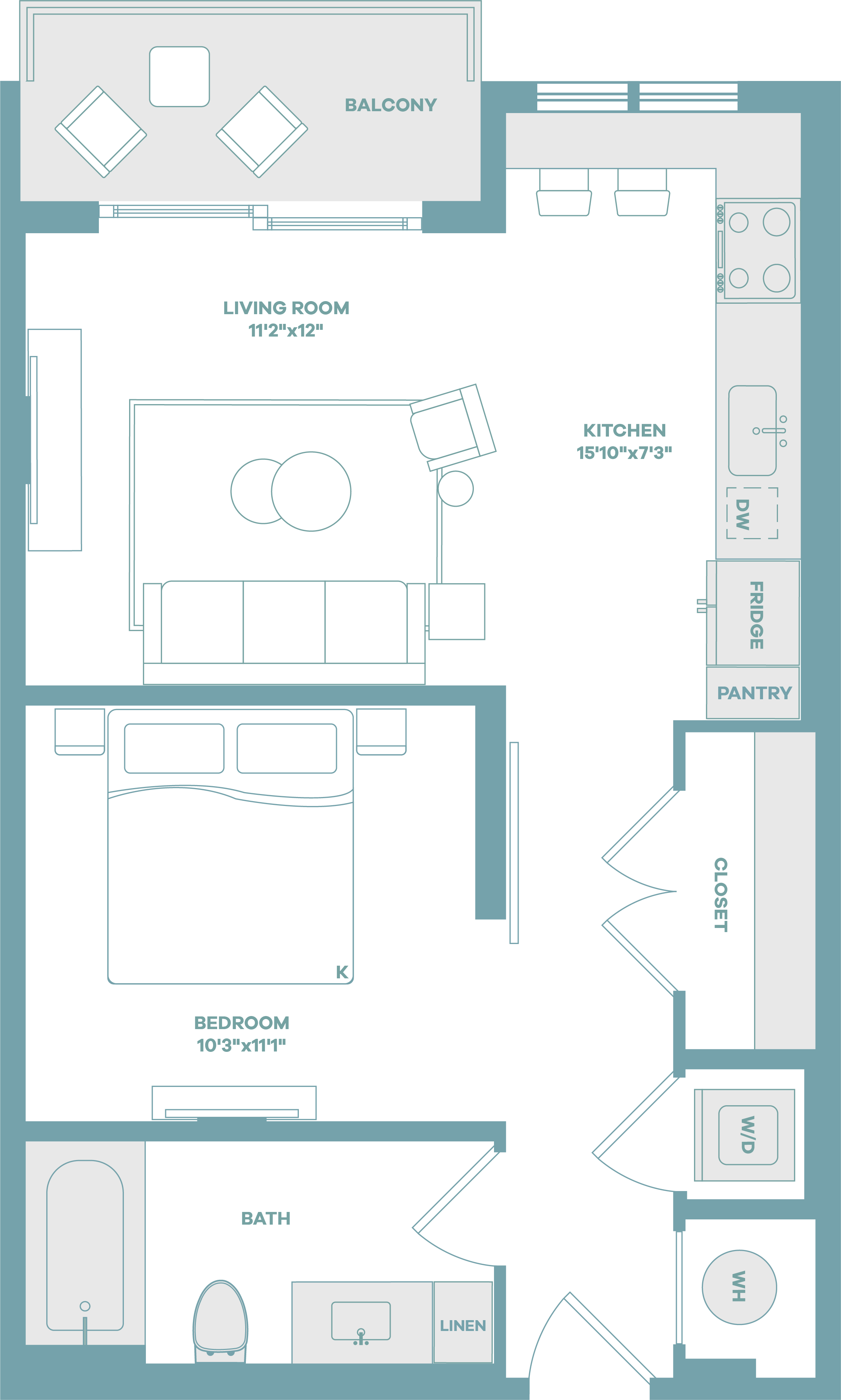Floor plan for studio, 1 bath, 641 sqft